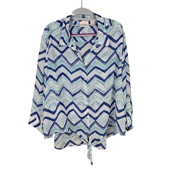 Women's Chico's Blue & Green Chevron Semi-Sheer Button Down Blouse  Size 4 (XXL) - Picture 1 of 9